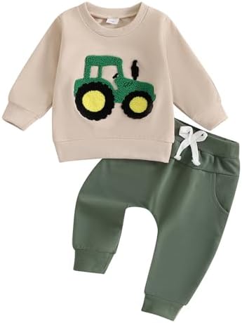 Toddler Boys Fall Outfits Farm Truck Letter Print Long Sleeve Crew Neck Sweatshirts Pocket Pants 2Pcs Clothes Set