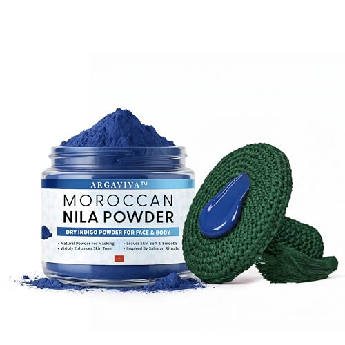 Moroccan Nila Powder & Face Scrubber Natural Blue Clay Mask with Exfoliating Facial Brush Pad for Radiant Skin, Deep Pore Cleansing & Gentle Skincare