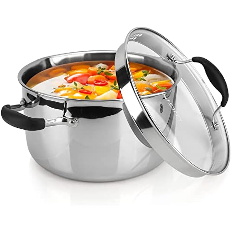 AVACRAFT Tri-Ply Stainless Steel Stockpot with Glass Strainer Lid, Side Spouts, 6 Quart Pot, Multipurpose Stock Pot, Sauce Pot Tri-Ply Full Body, 6QT