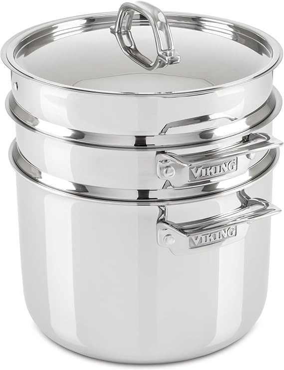 Viking 3-Ply Stainless Steel Pasta Pot with Lid, 8 Quart, 4 Piece Multipot Kitchen Cookware, Includes Pasta Insert and Steamer Basket, Dishwasher and Oven Safe, Induction Ready, Silver