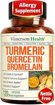 Quercetin with Bromelain Turmeric Curcumin Supplement Triple Action Allergy Relief, Inflammation and Joint Support with Organic Tumeric + Bioperine for Max Absorption 120 Quercetin 500mg Capsules